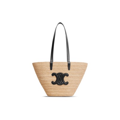 CELINE MEDIUM SUPPLE CELINE CLASSIC PANIER IN RAFFIA AND CALFSKIN 114342FF7.07OC (30*22*14cm)